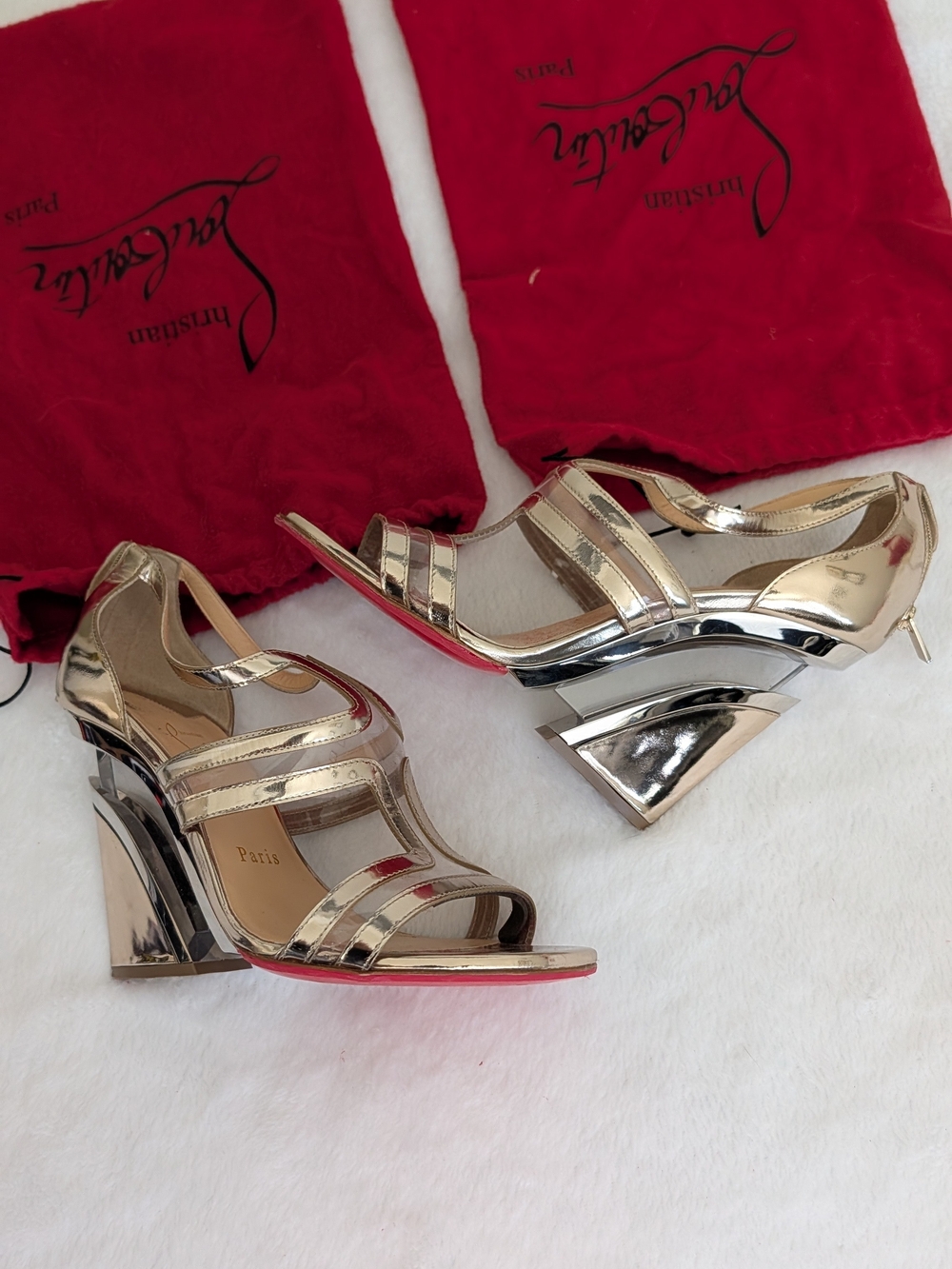 Christian Louboutin Metallic Gold Sculptural Heel Strappy Sandals